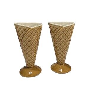 Adorable Retro Waffle Cone Ceramic Ice Cream Cup Cones Set Of 2‎